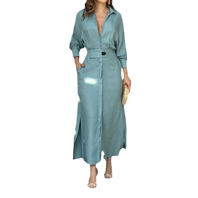 Damen Maxikleid aus leichtem Leinen mit eleganter Knopfleiste und praktischen Seitenschlitzen EB