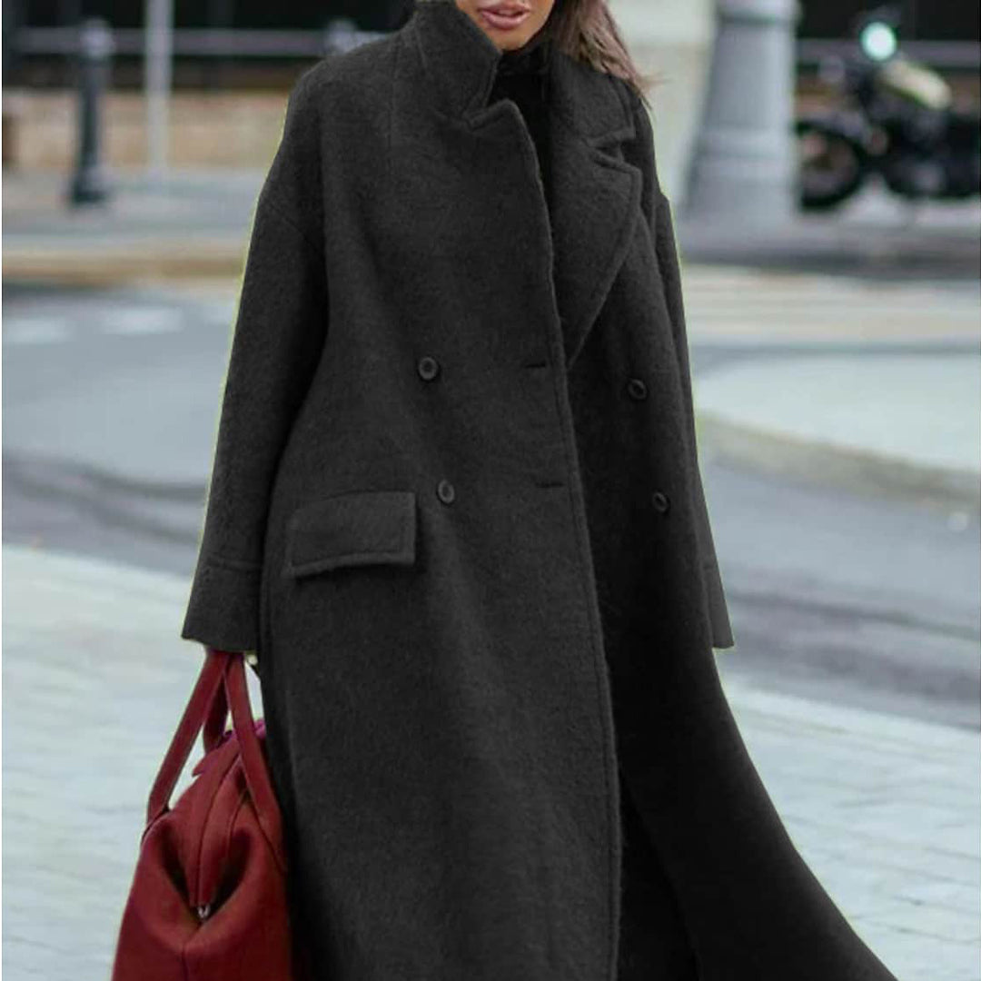Damen nan Cape-ähnlicher doppelreihiger Wollmantel mit weitem Fall, hohem Stehkragen und Pattentaschen EB