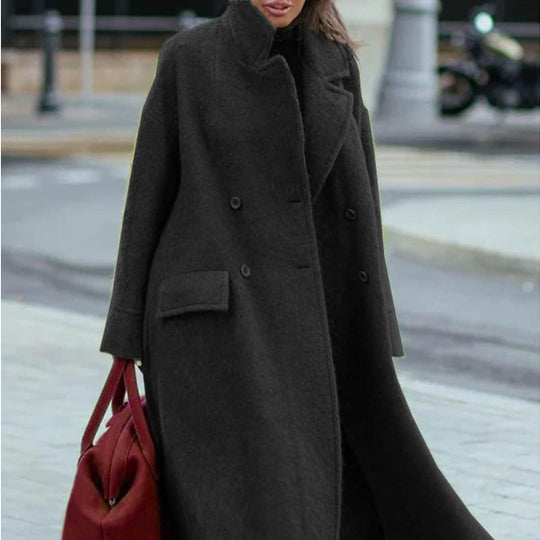 Damen nan Cape-ähnlicher doppelreihiger Wollmantel mit weitem Fall, hohem Stehkragen und Pattentaschen EB