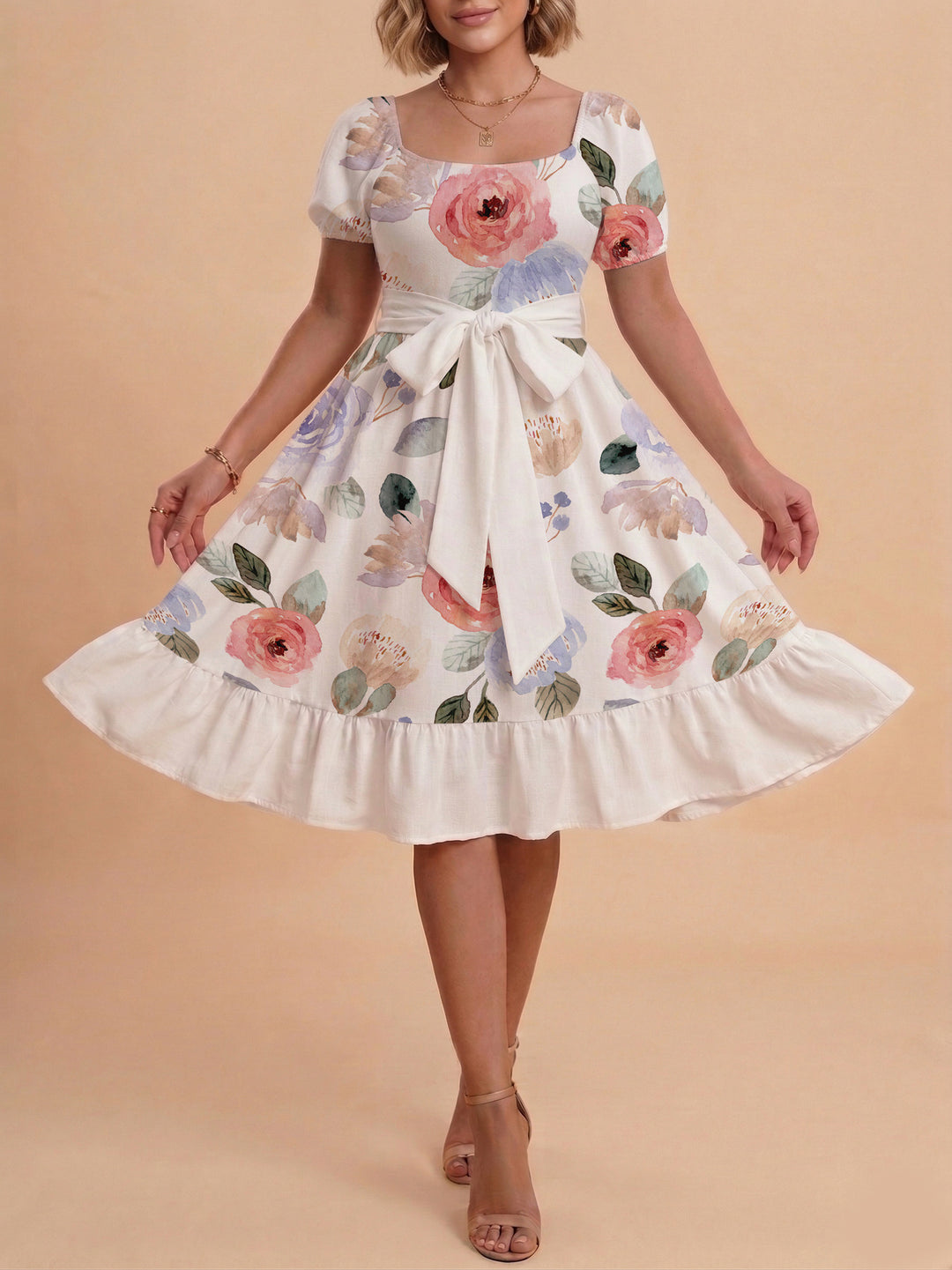Damen Sommerliches Blumenkleid mit taillierbarem Gürtel und voluminösen Ärmeln EB
