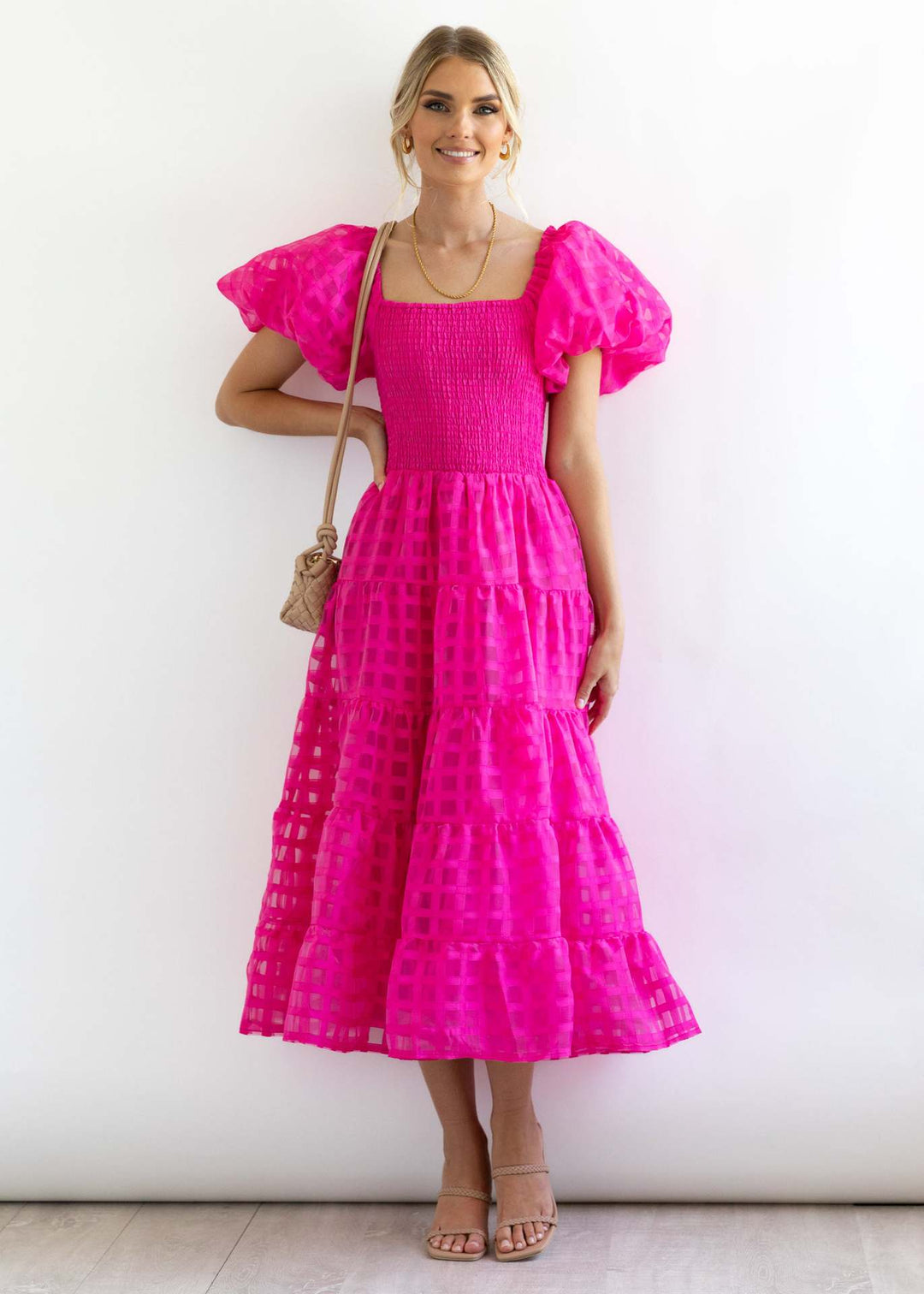 Damen Sommerliches Maxikleid mit voluminösen Puffärmeln und elastischem Taillenbereich EB