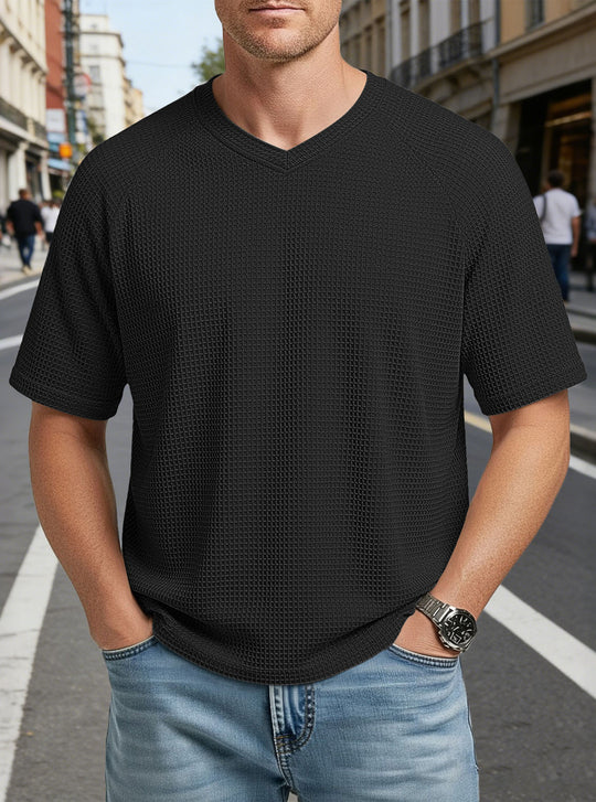Herren nan lässiges V-Ausschnitt Waffelstrick-T-Shirt aus atmungsaktivem Baumwollmix EB