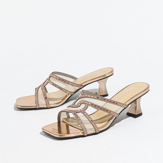 Damen elegante High Heel Mules mit glitzernden Riemen und komfortablem Absatz EB