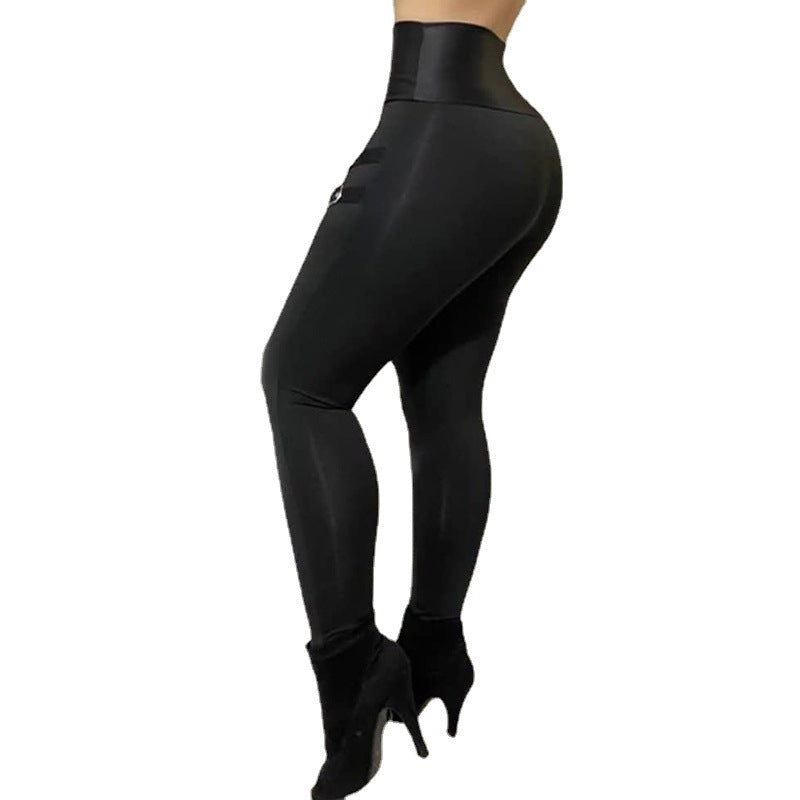 Damen Figurbetonte Kunstleder-Leggings mit Schnallen-Details EB