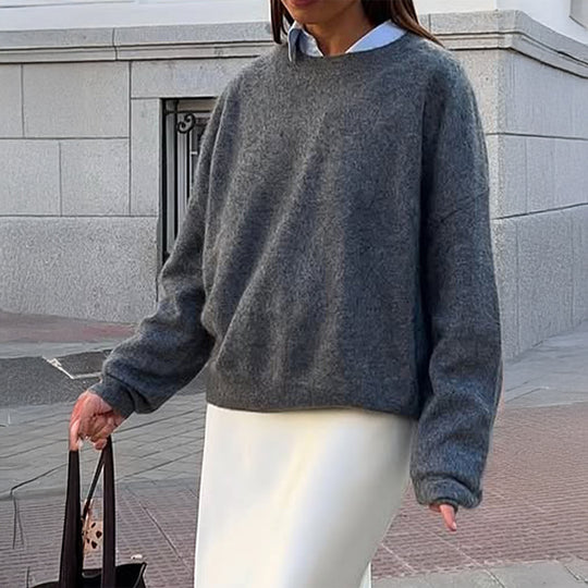 Damen nan kuscheliger Oversize-Strickpullover mit Rundhalsausschnitt und voluminösen Ballonärmeln EB