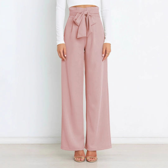 Damen Weit geschnittene High-Waist-Hose mit Binde-Gürtel und Taschen EB