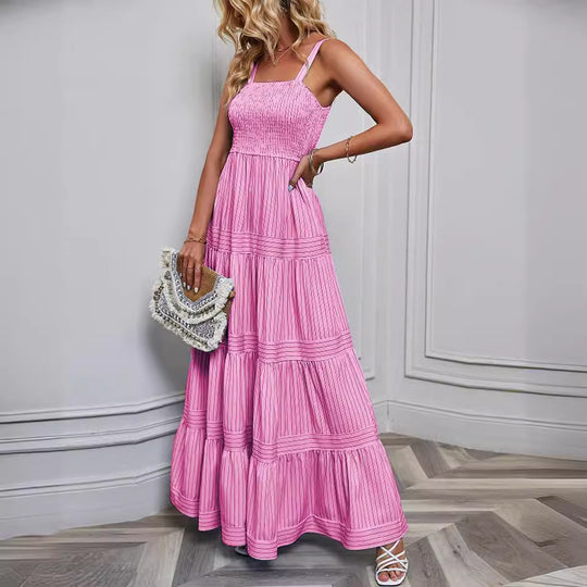Damen Maxikleid mit raffiniertem Pliszeedesign und elastischem Oberteil EB