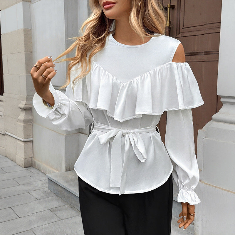 Damen Elegant-Volant-Bluse mit Cut-Out-Schulter und Bindegürtel EB
