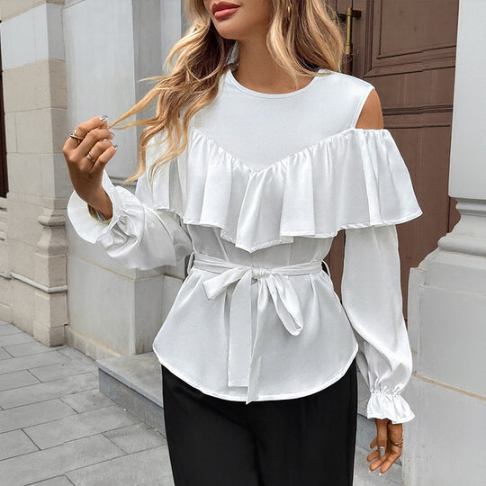 Damen Elegant-Volant-Bluse mit Cut-Out-Schulter und Bindegürtel EB