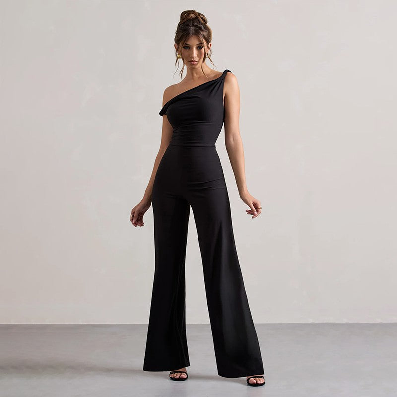Damen schulterfreier Jumpsuit mit weitem Bein und elastischem Oberteil EB