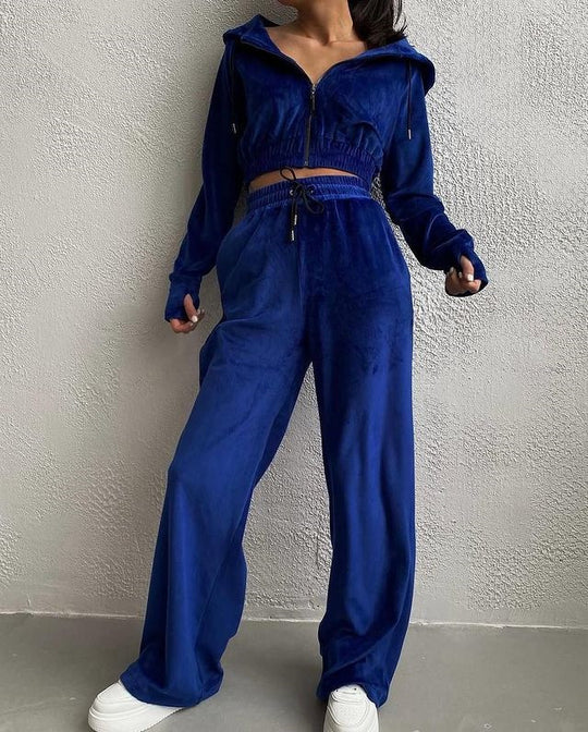 Damen Samt-Loungewear-Set mit Cropped Zip-Kapuzenjacke und weiter Palazzohose EB