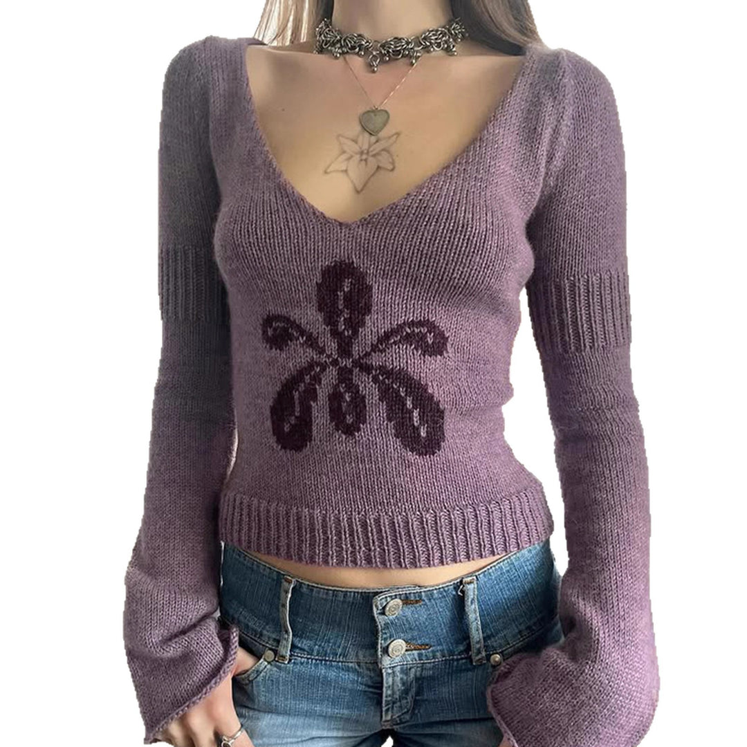 Damen nan kurzes Feinstrick V‑Pullover mit floralem Intarsienmotiv und ausgestellten Trompetenärmeln EB