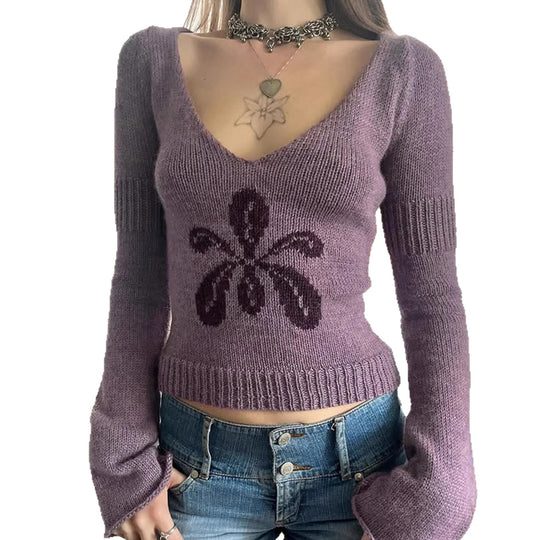 Damen nan kurzes Feinstrick V‑Pullover mit floralem Intarsienmotiv und ausgestellten Trompetenärmeln EB