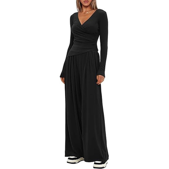 Damen Eleganter Wickel-Jumpsuit mit weitem Bein und modischen Details EB