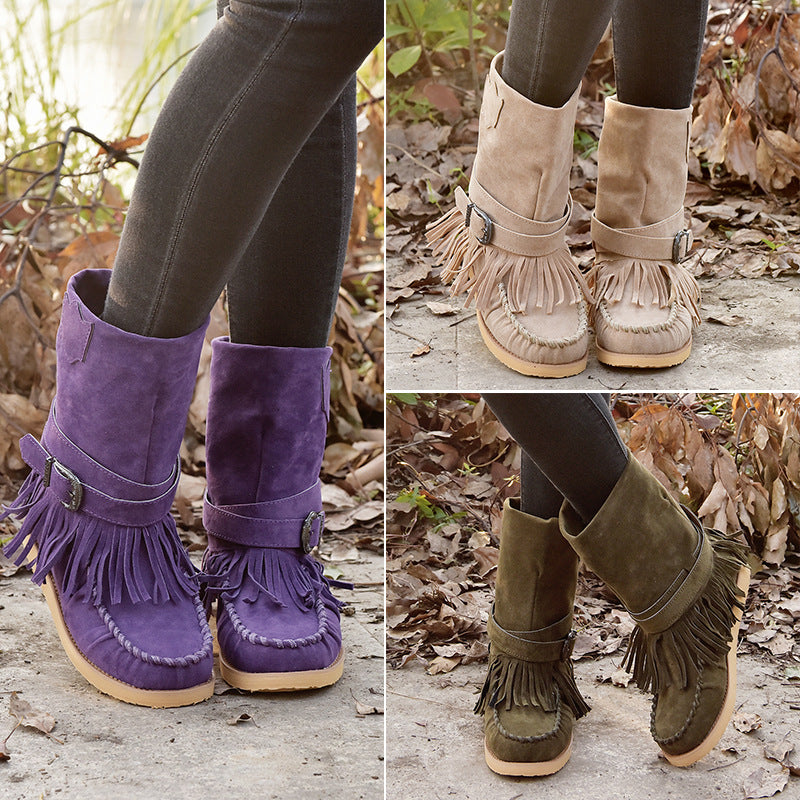 Damen Mokassin-Stiefel mit fransigen Details und modischer Schnalle EB
