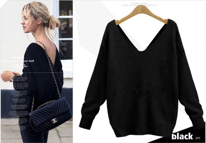 Damen Strickpullover mit einzigartigem Rückendesign und tiefem V-Ausschnitt EB