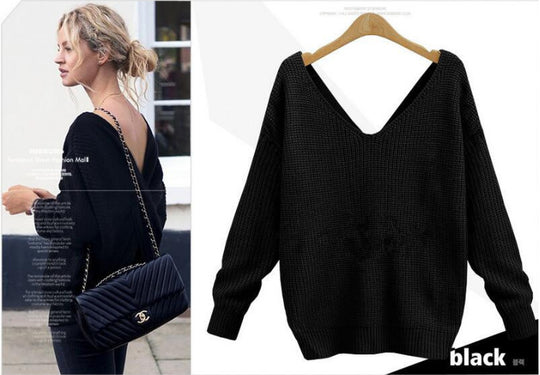Damen Strickpullover mit einzigartigem Rückendesign und tiefem V-Ausschnitt EB