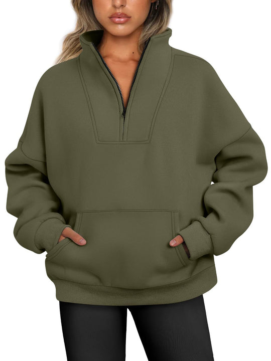 Damen nan oversized Halbzip-Hoodie mit hohem Stehkragen, Kängurutasche und gerippten Bündchen EB