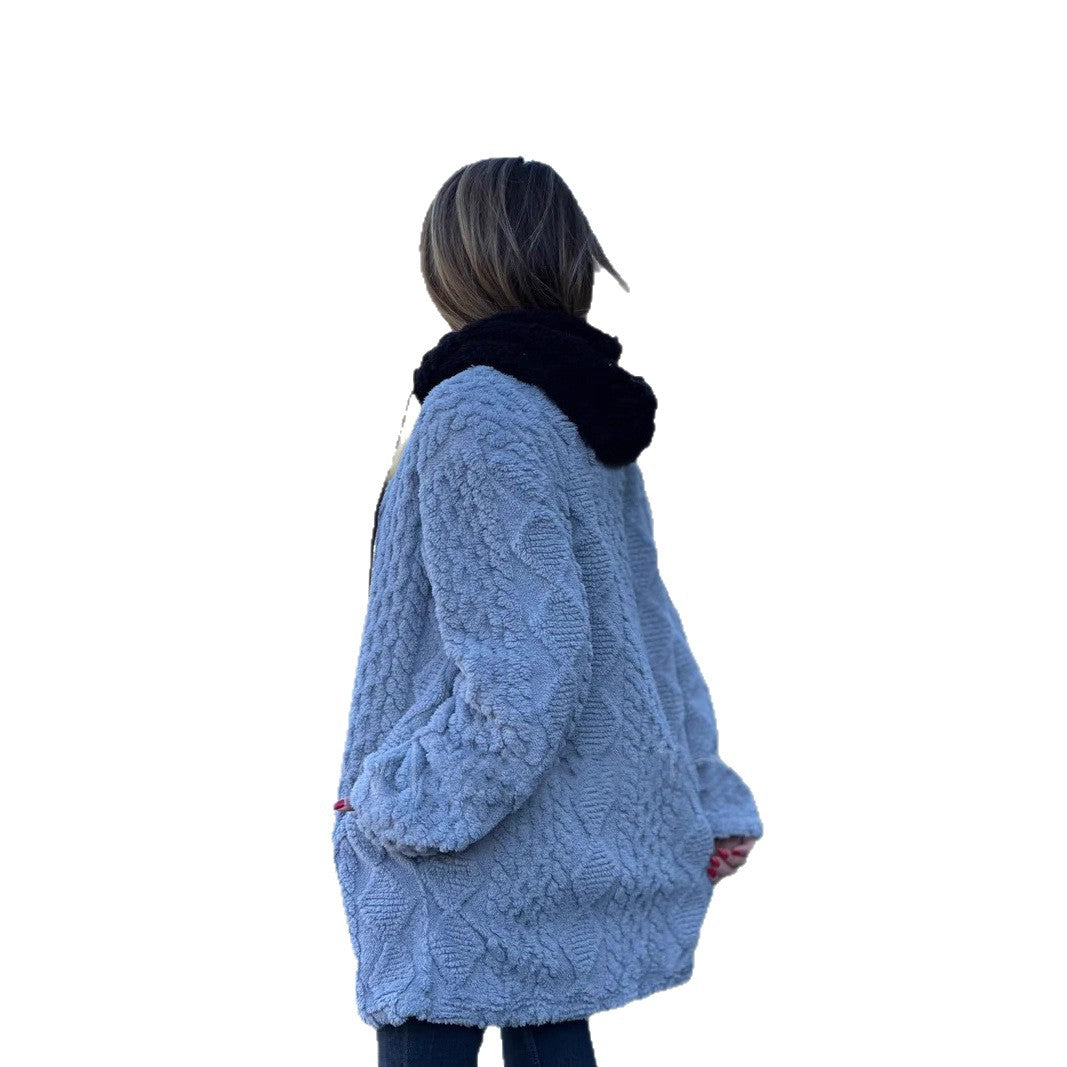 Damen nan oversized Teddy-Manteljacke mit Kontrastkapuze, Reißverschluss und Eingrifftaschen EB