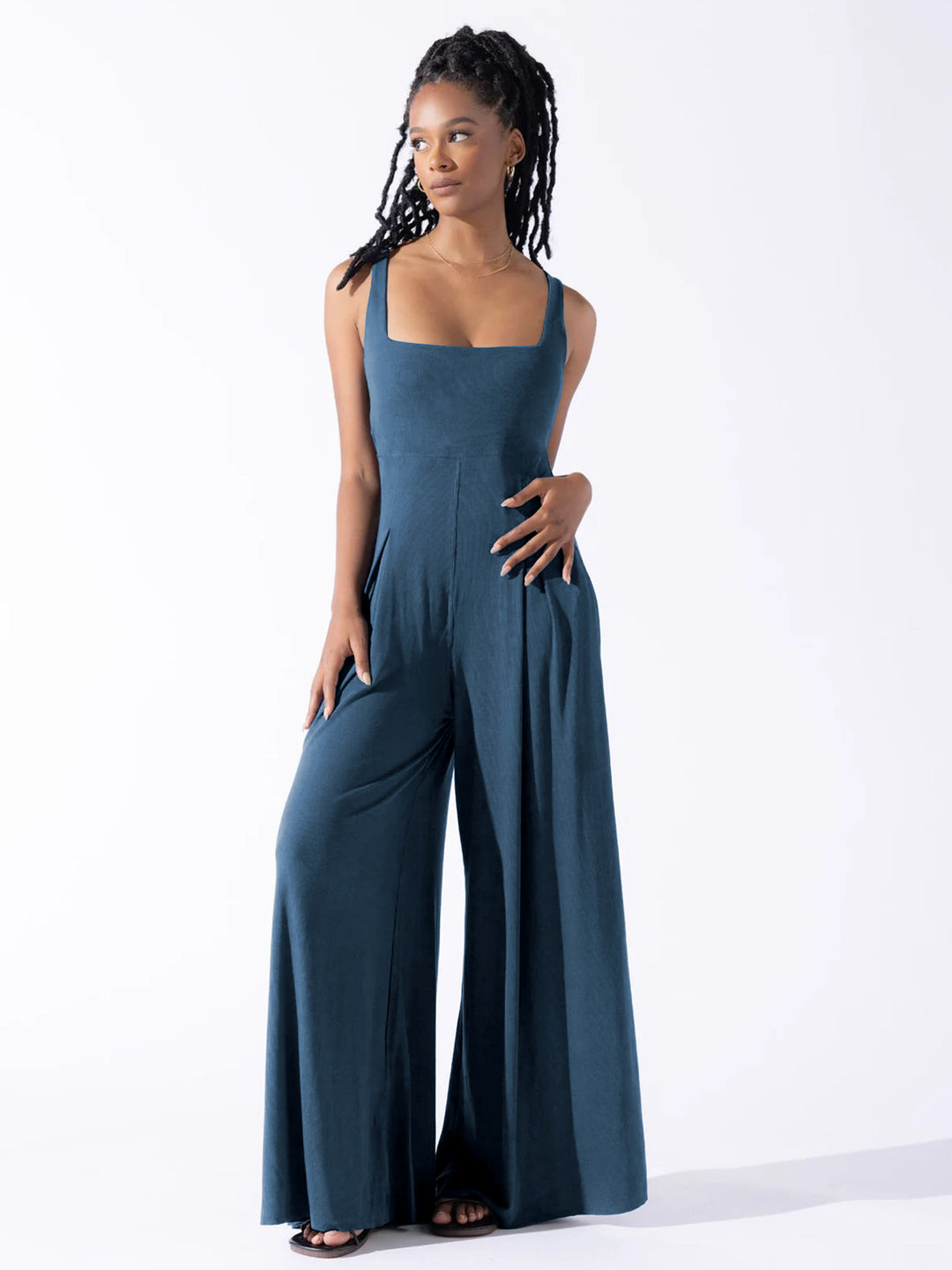 Damen Eleganter Jersey Jumpsuit mit weitem Bein und tiefem Ausschnitt EB