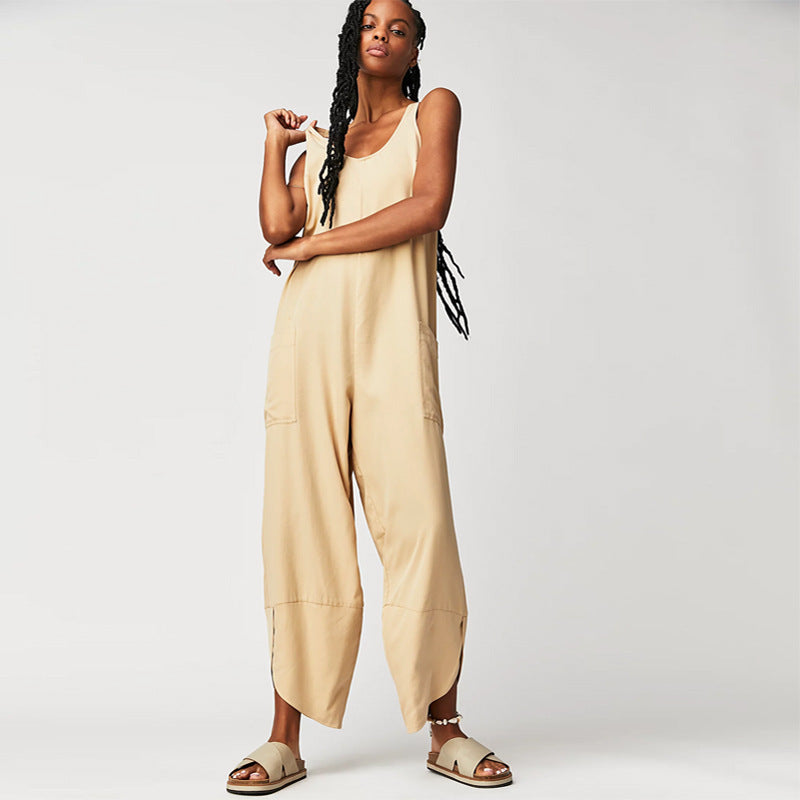 Damen Lässiger Jumpsuit mit weitem Bein und seitlichen Taschen EB