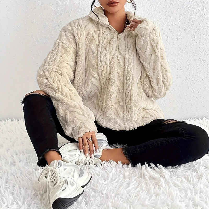 Damen kuscheliger Fleece-Pullover mit hochgeschlossenem Kragen und Reißverschluss EB