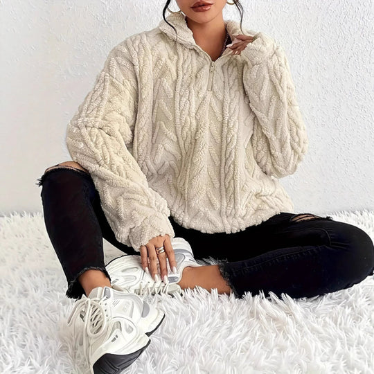 Damen kuscheliger Fleece-Pullover mit hochgeschlossenem Kragen und Reißverschluss EB