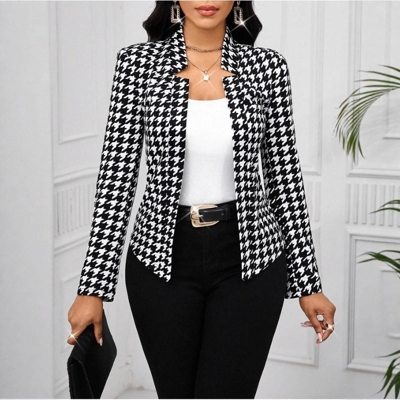 Damen elegante Blazerjacke mit Hahnentrittmuster und tailliertem Schnitt EB
