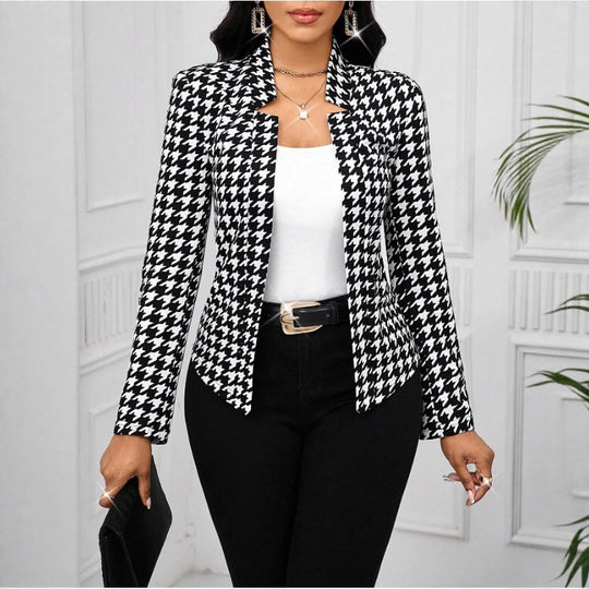 Damen elegante Blazerjacke mit Hahnentrittmuster und tailliertem Schnitt EB