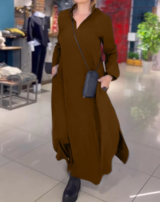 Damen Langarm-Kleid mit praktischen Einschubtaschen und elegantem Stehkragen EB