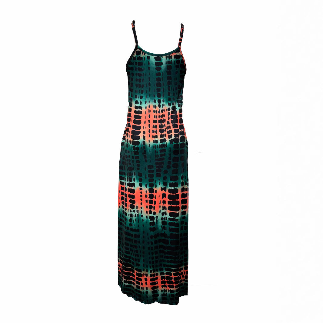 Damen Maxikleid im modernen Batikdesign mit tiefem V-Ausschnitt und Seitenschlitzen EB