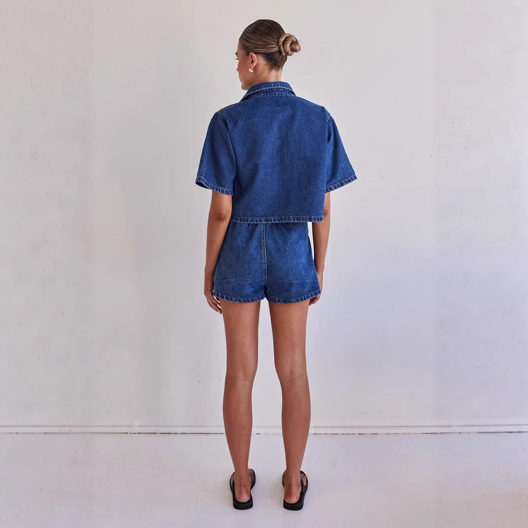 Damen Denim-Kurzjacke mit passendem Rock im lässigen Stil EB