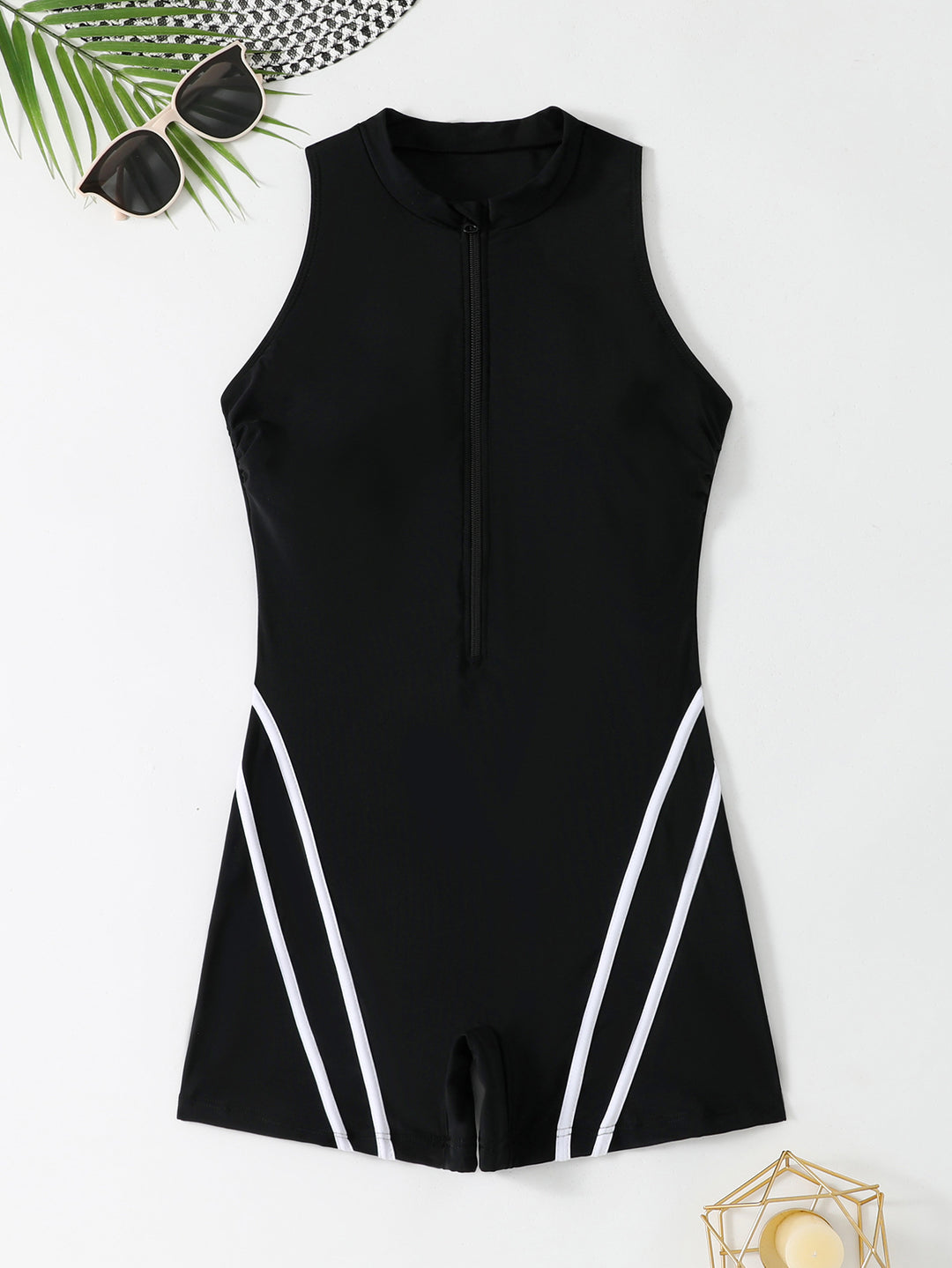 Damen Sportlicher Badeanzug mit Hochkragen und Reißverschluss EB