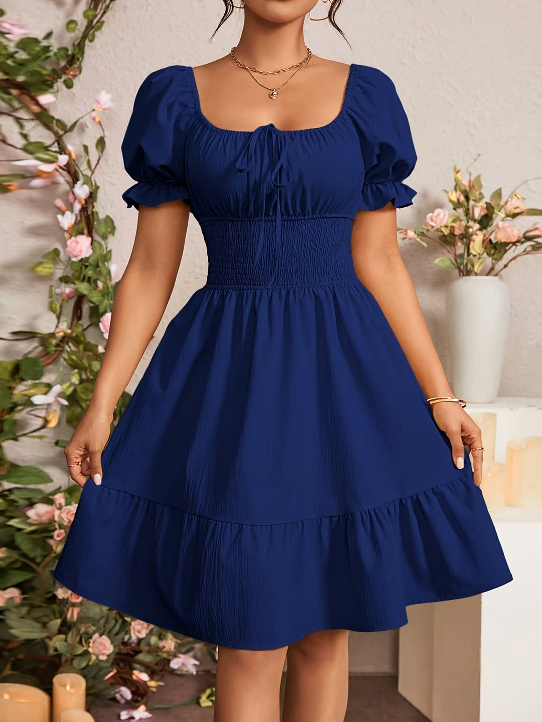 Damen Puffärmel Kleid mit elastischem Tailleneinsatz und Rüschensaum EB