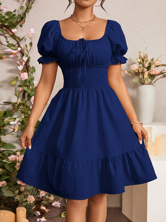 Damen Puffärmel Kleid mit elastischem Tailleneinsatz und Rüschensaum EB