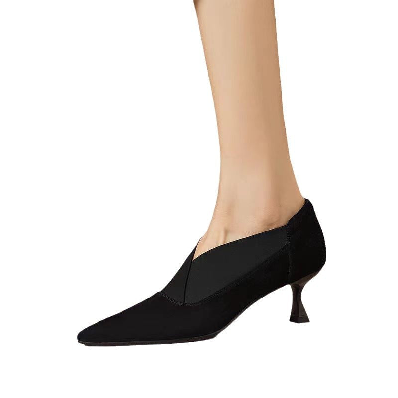 Damen Elegante spitze Pumps mit modischem V-Ausschnitt und weicher Veloursoberfläche EB