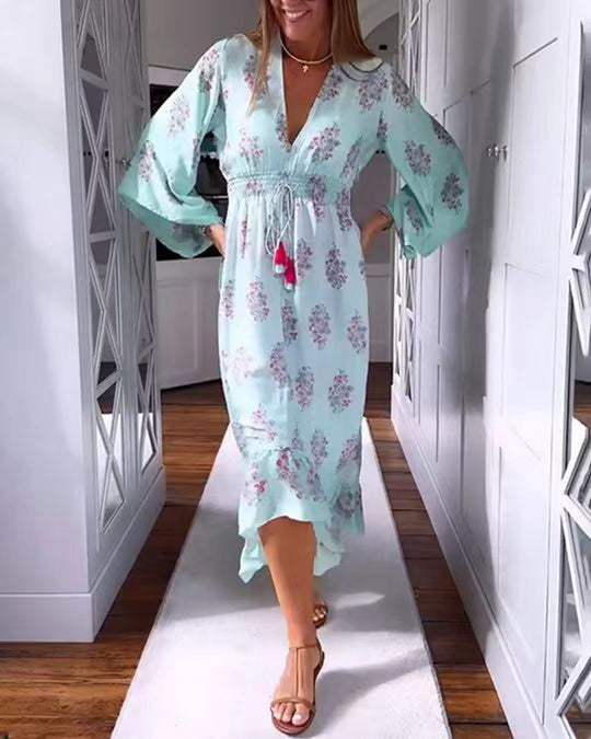 Damen Maxikleid mit floralen Akzenten und voluminösen Ärmeln Heidi-Mode