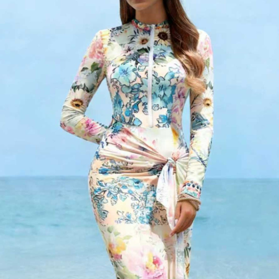 Damen Elegantes Langarm-Strandkleid mit floralem Design EB