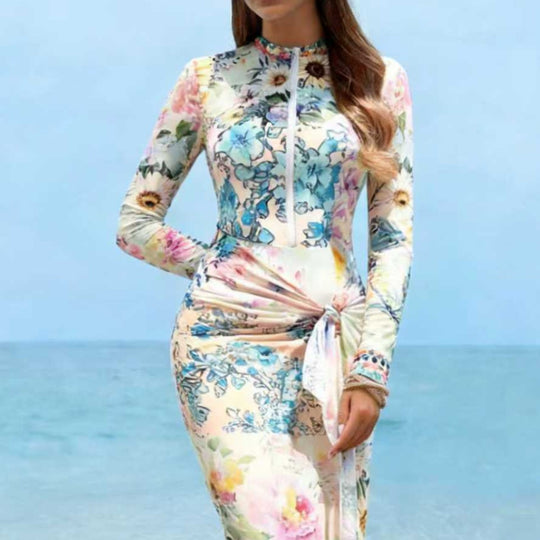 Damen Elegantes Langarm-Strandkleid mit floralem Design EB