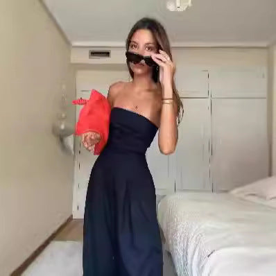 Damen trägerloser Jumpsuit mit weitem Bein und seitlichen Taschen EB