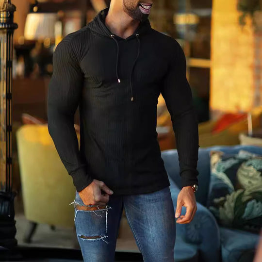 Herren nan eng anliegendes Rippstrick-Kapuzenlongsleeve mit Slim-Fit und Elastikanteil EB
