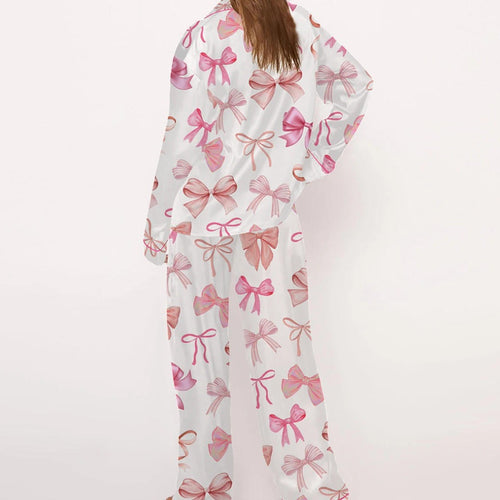 Damen Satin Pyjama-Set mit verspieltem Schleifenmuster EB