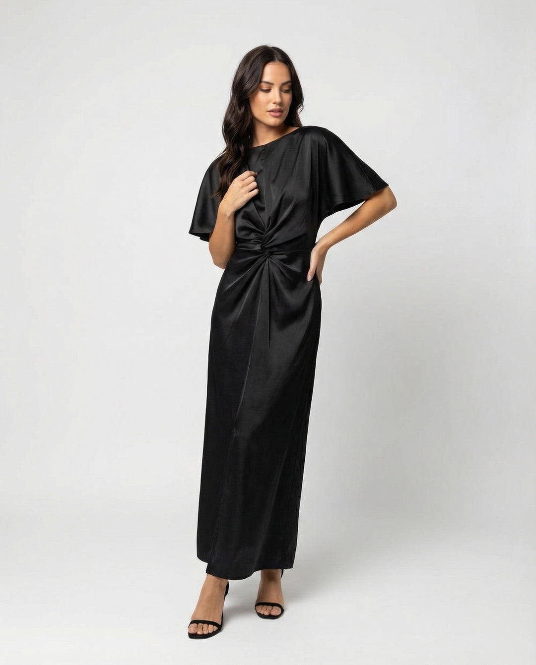 Damen Satin Wickel Maxikleid elegant