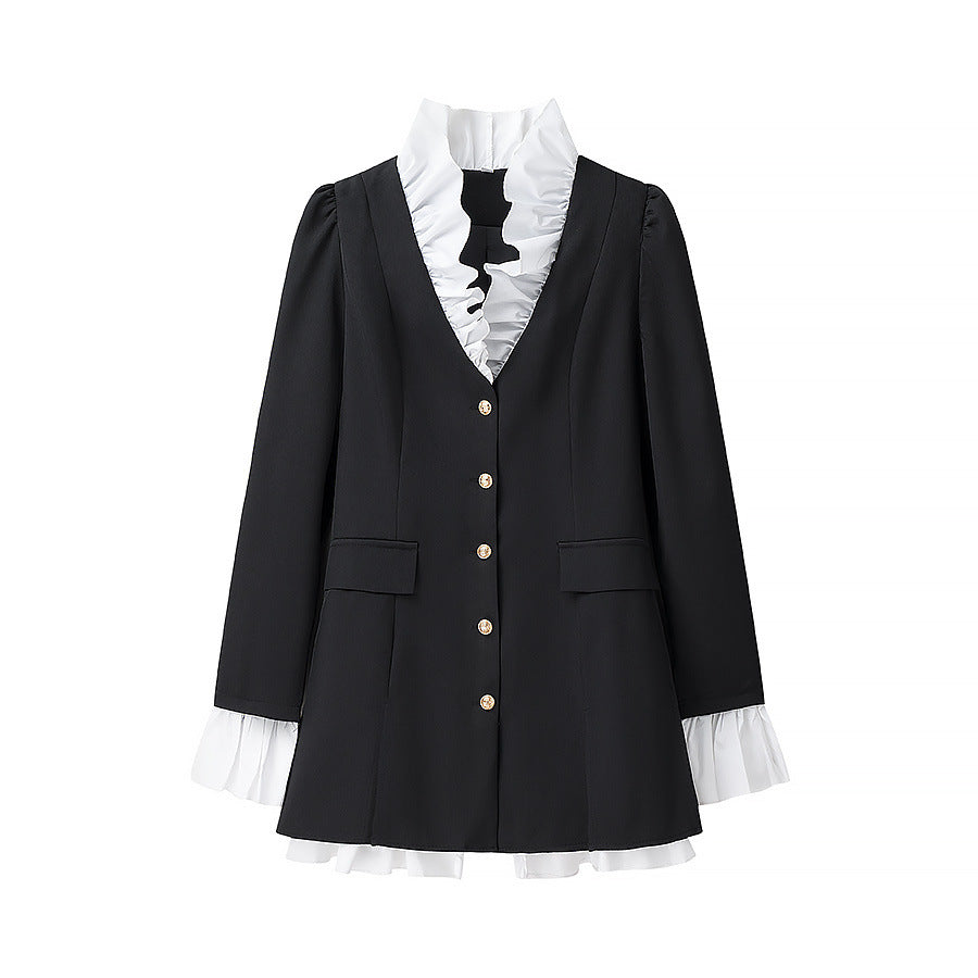 Damen modische Blazerjacke mit Rüschendetails und eleganten Knöpfen EB