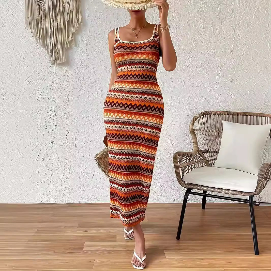 Damen Maxikleid mit modischem Muster und seitlichem Schlitz EB