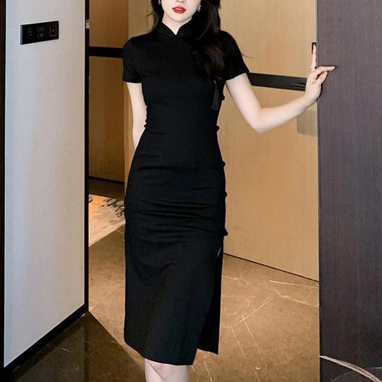 Damen elegantes Bodycon-Kleid mit hohem Schlitz und kurzen Ärmeln EB