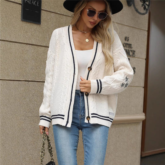 Damen oversized Strickjacke mit Sternenmuster und Kontrastbündchen EB