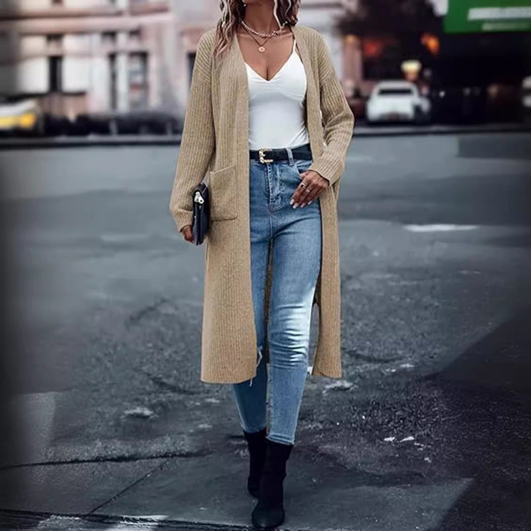 Damen Langer Strickmantel mit strukturiertem Design und praktischen Taschen EB