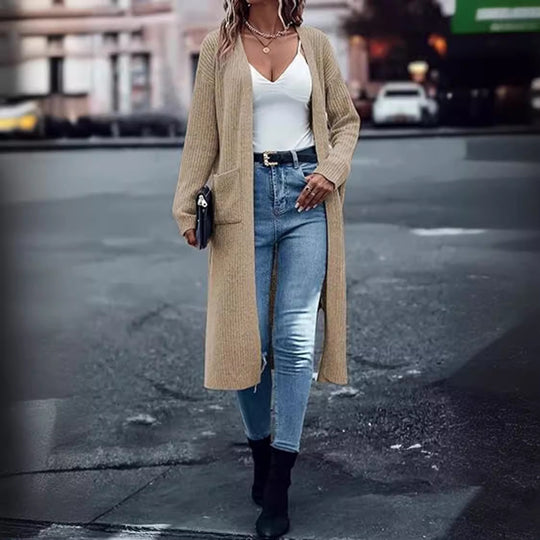 Damen Langer Strickmantel mit strukturiertem Design und praktischen Taschen EB