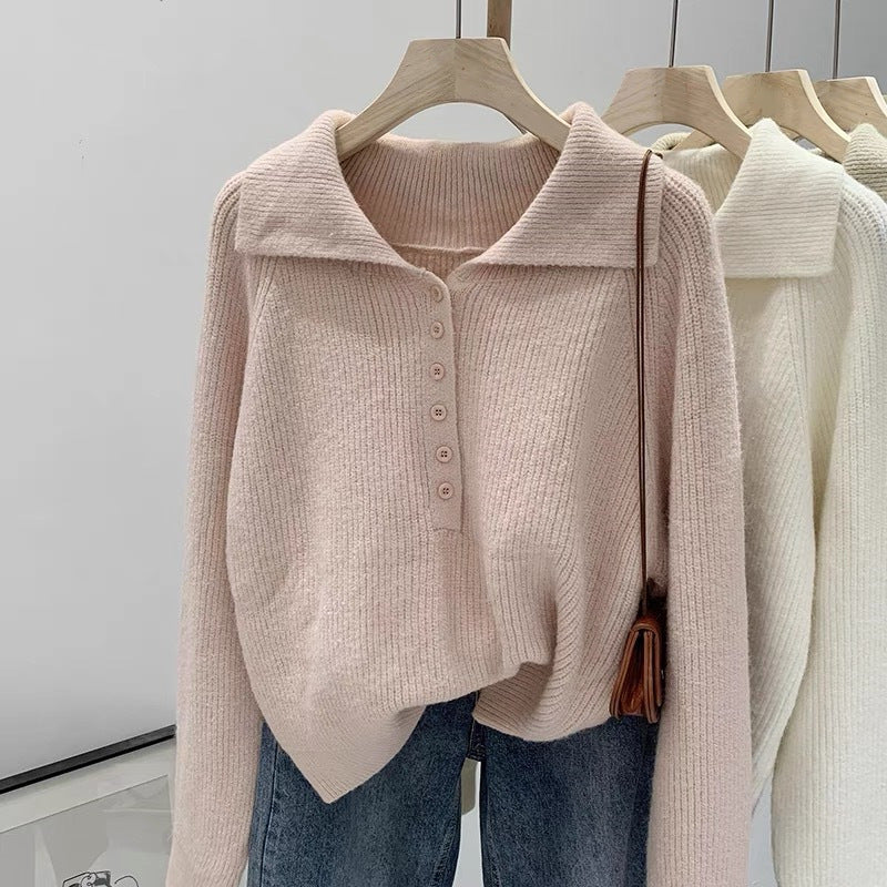 Damen Strickpullover mit Kragen und Knopfleiste EB